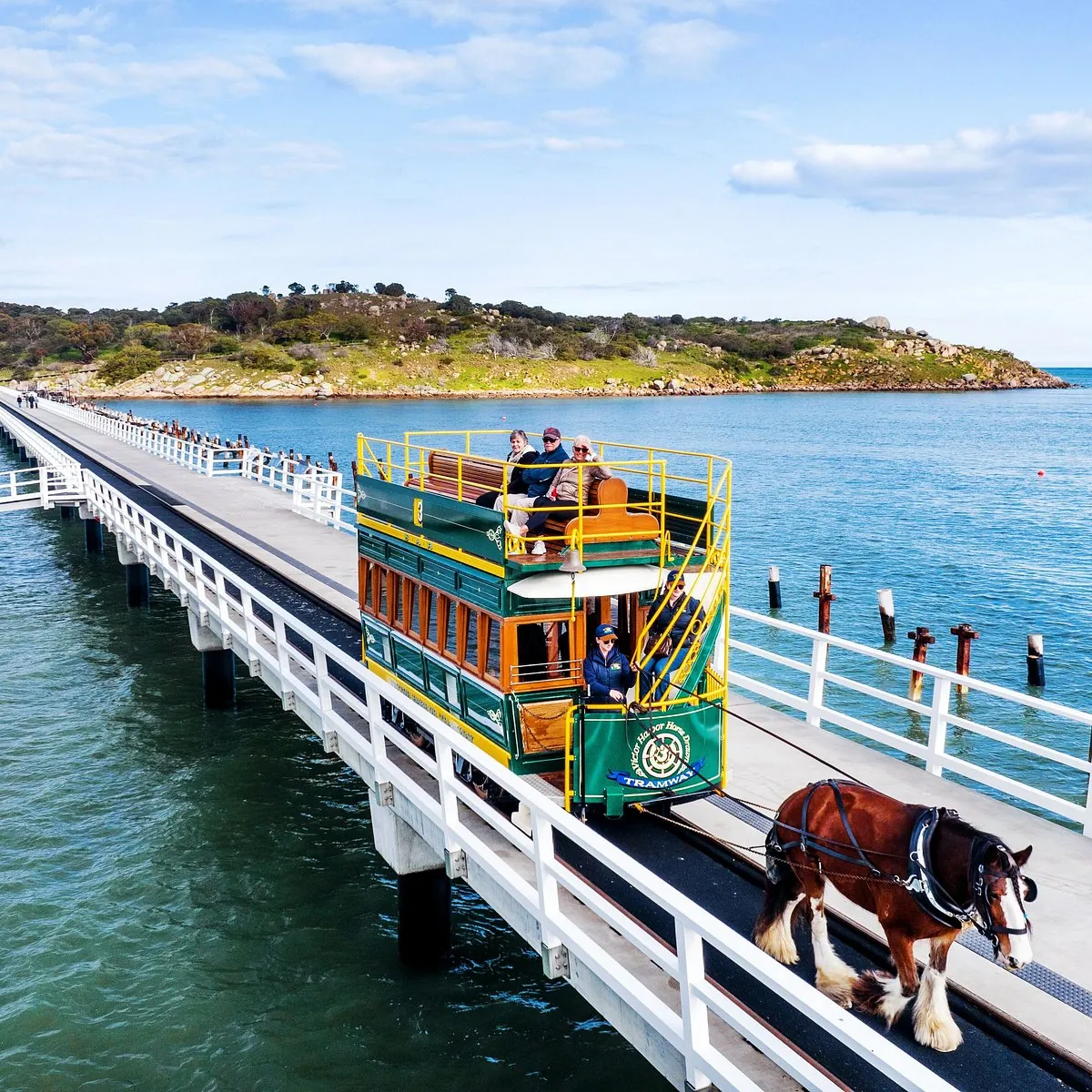 Historic horse-drawn tramway to Granite Island, Victor Harbor with SouthRun oversized luggage transport Fleurieu Peninsula