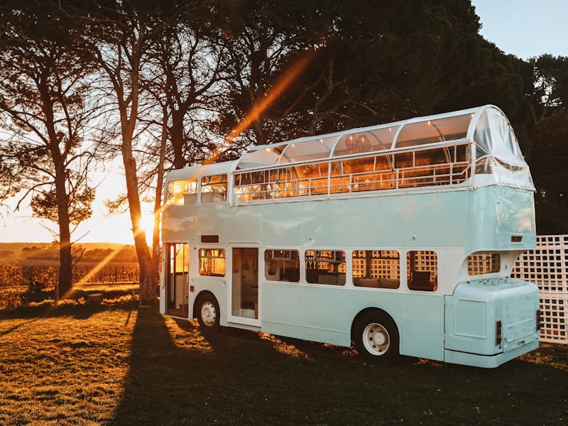 Vintage double-decker bus tasting room at sunset in McLaren Vale