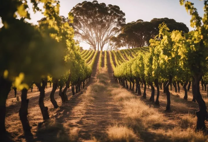 Golden sunset over McLaren Vale vineyard rows on the Fleurieu Peninsula