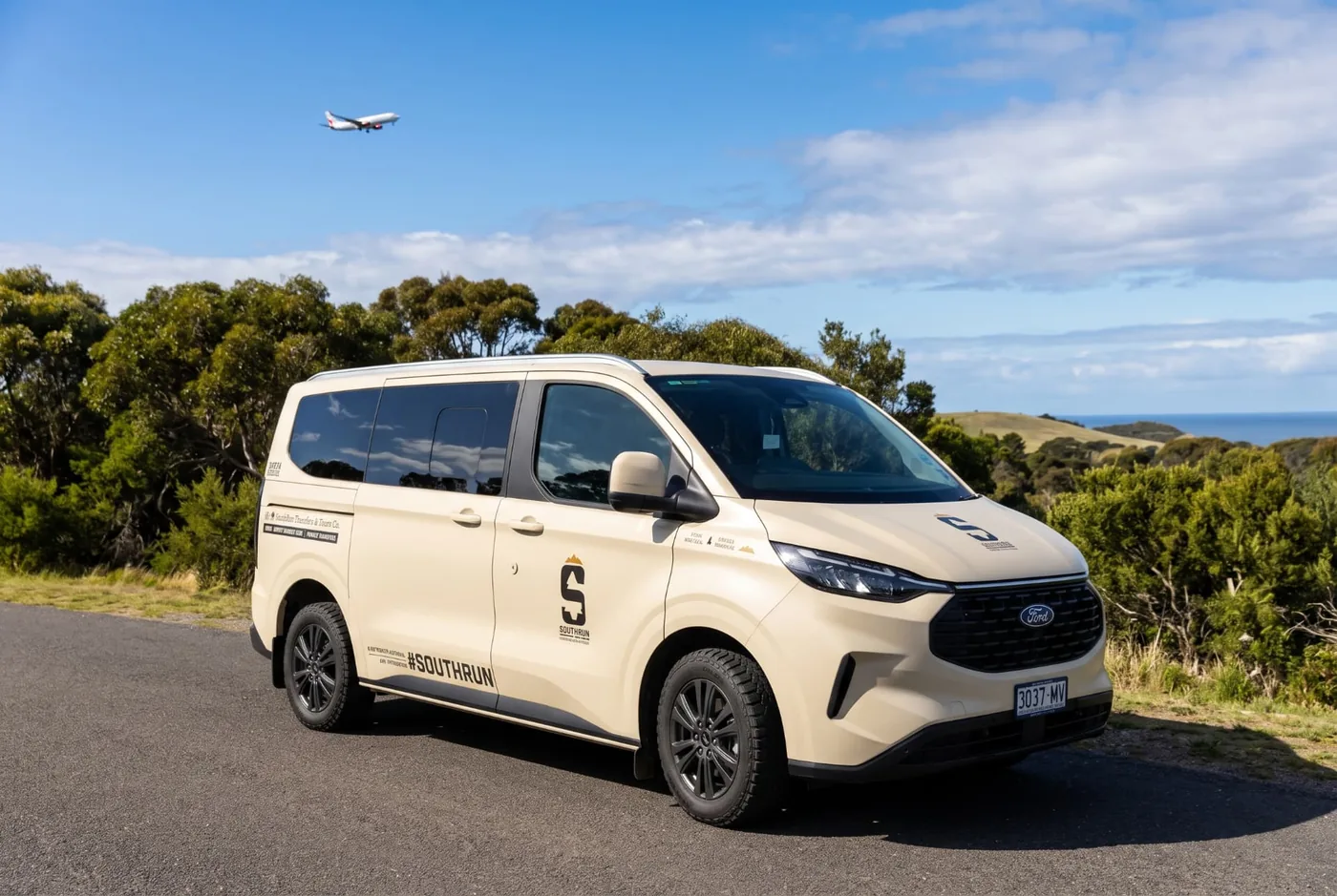 SouthRun beige Ford Tourneo airport shuttle vehicle exterior for Adelaide Airport transfers